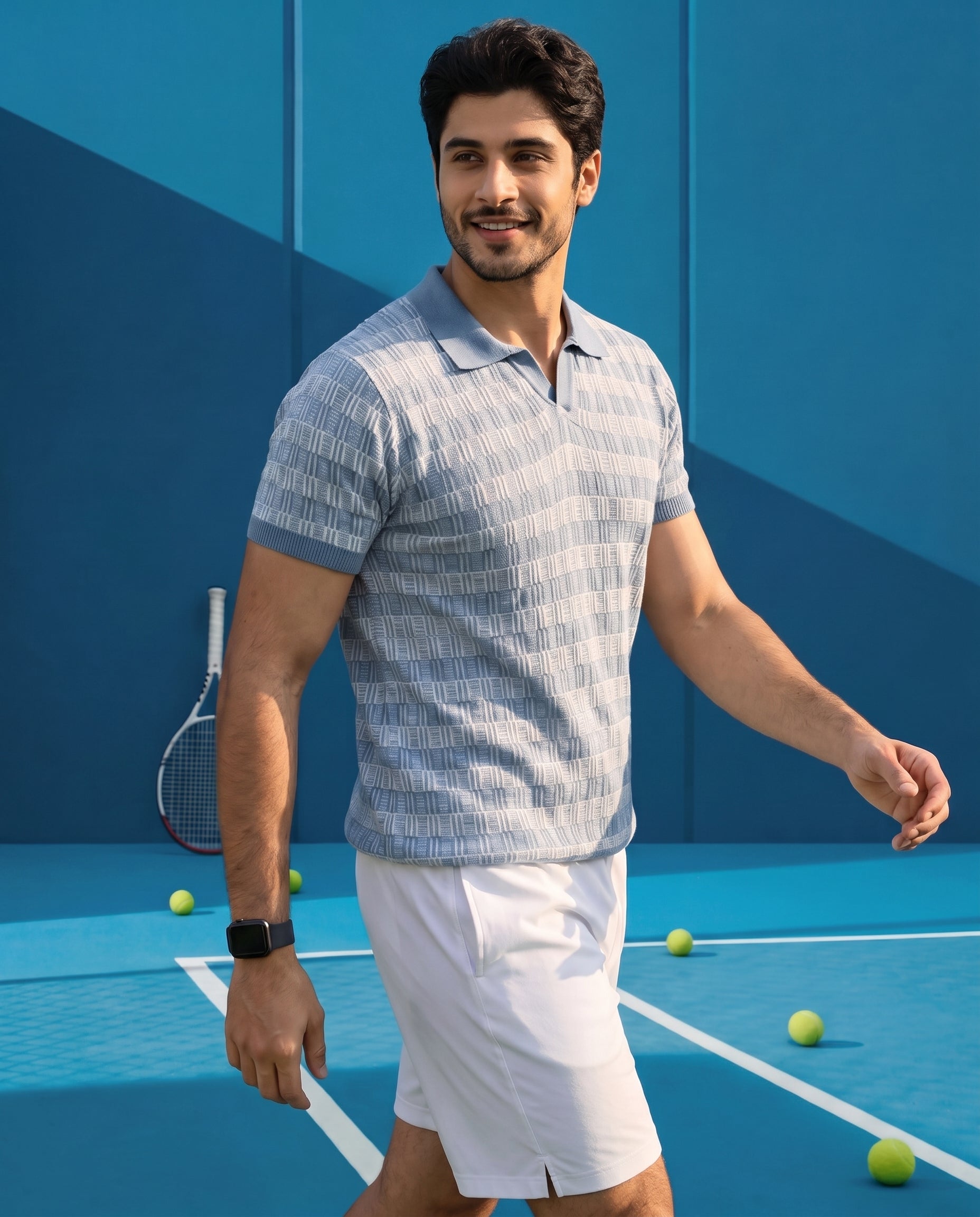 Powder Blue Luxe Gridline V-Polo