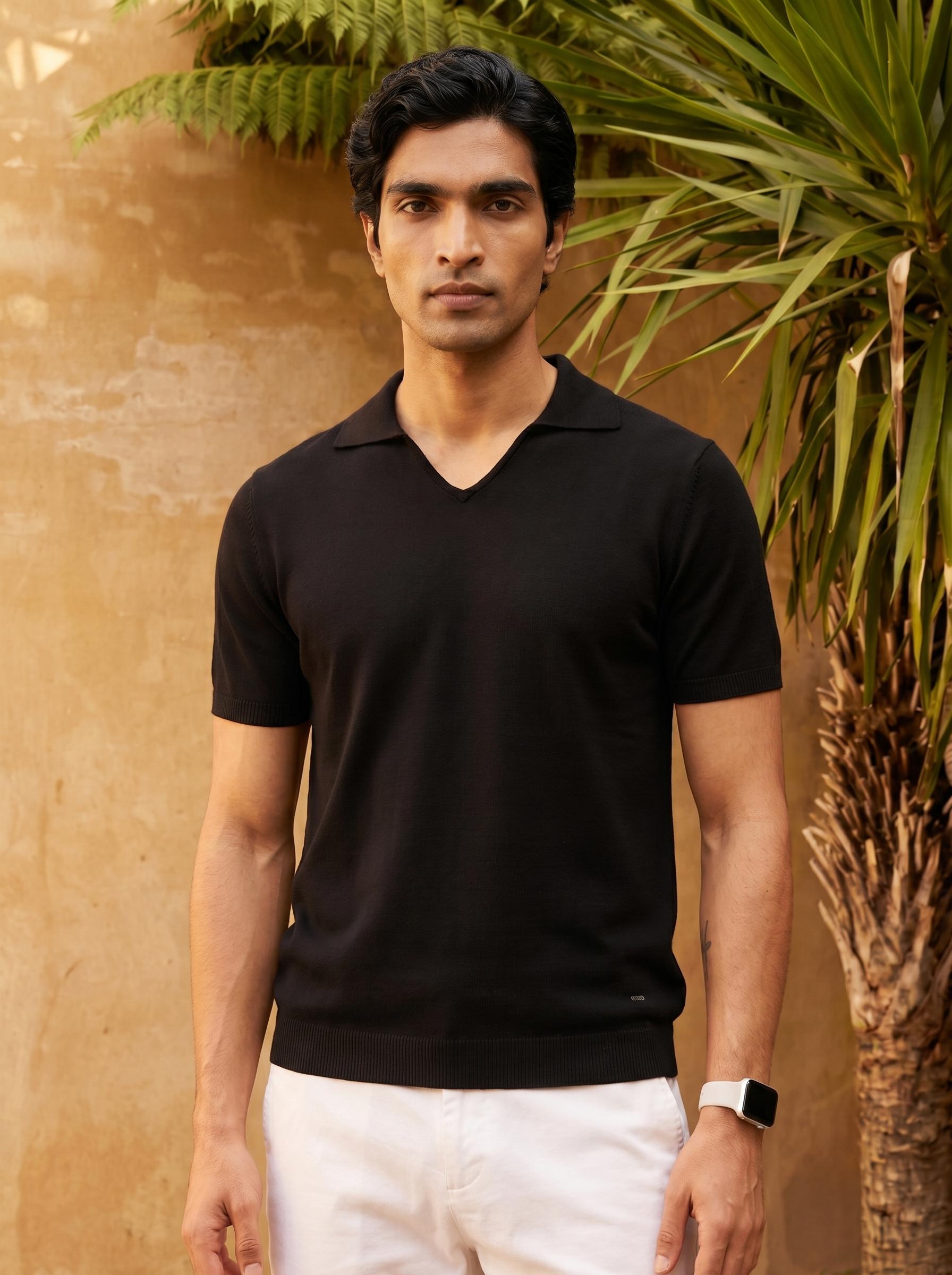 Ink Black Cotton-Bamboo U-Neck Polo