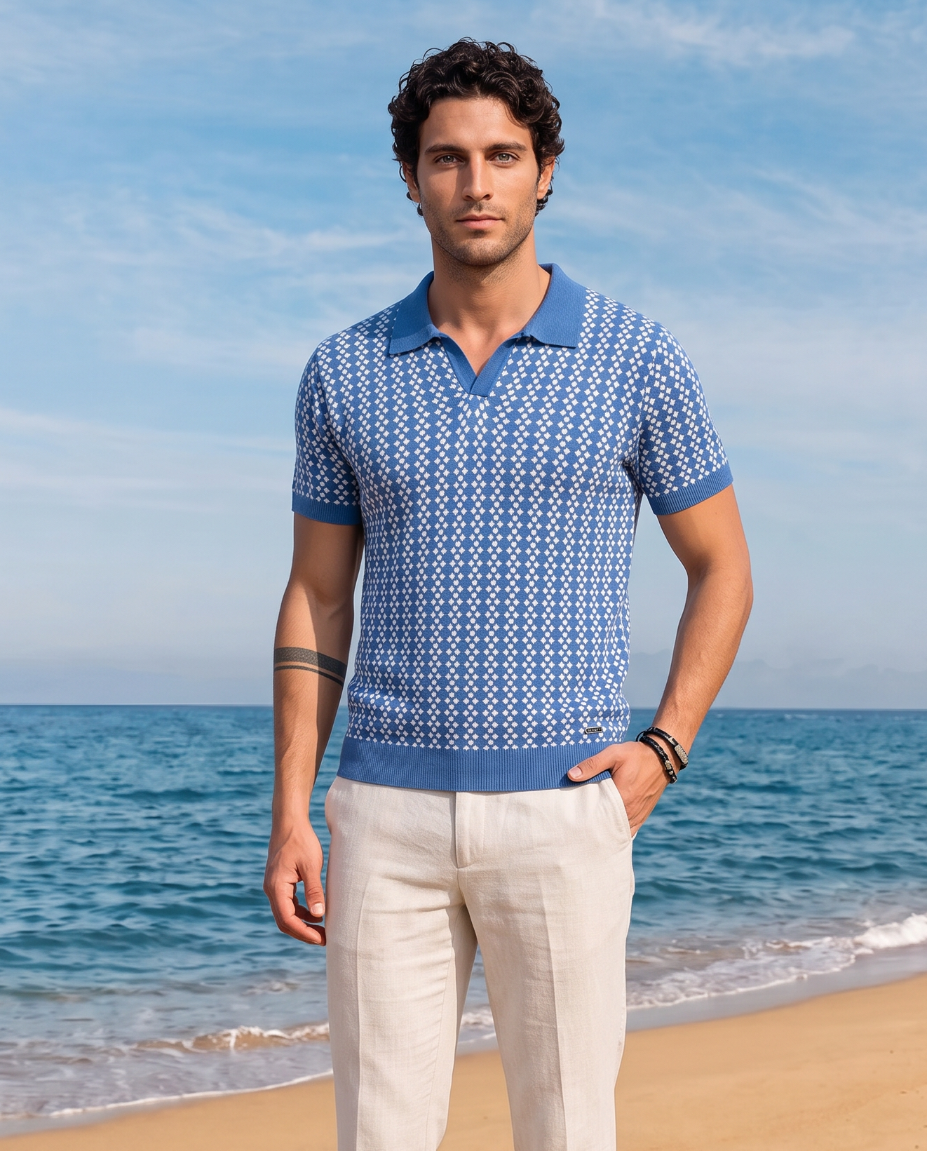 Denim Blue Luxe Diamond V-Polo
