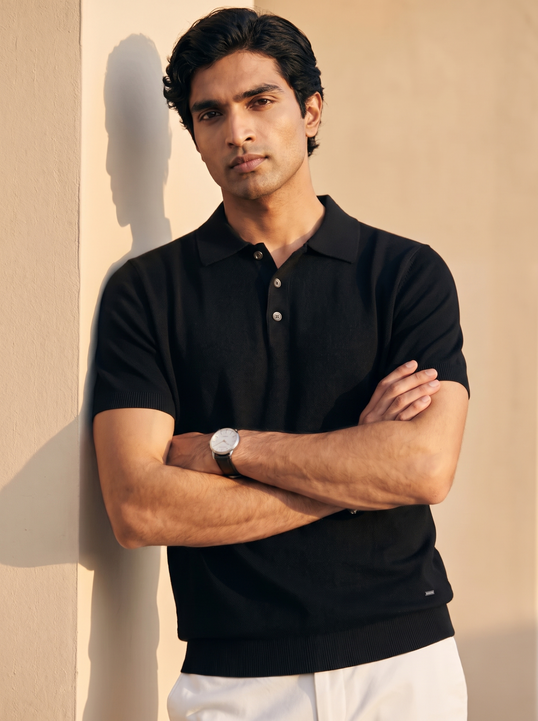 Ink Black Cotton Bamboo Waffle Polo