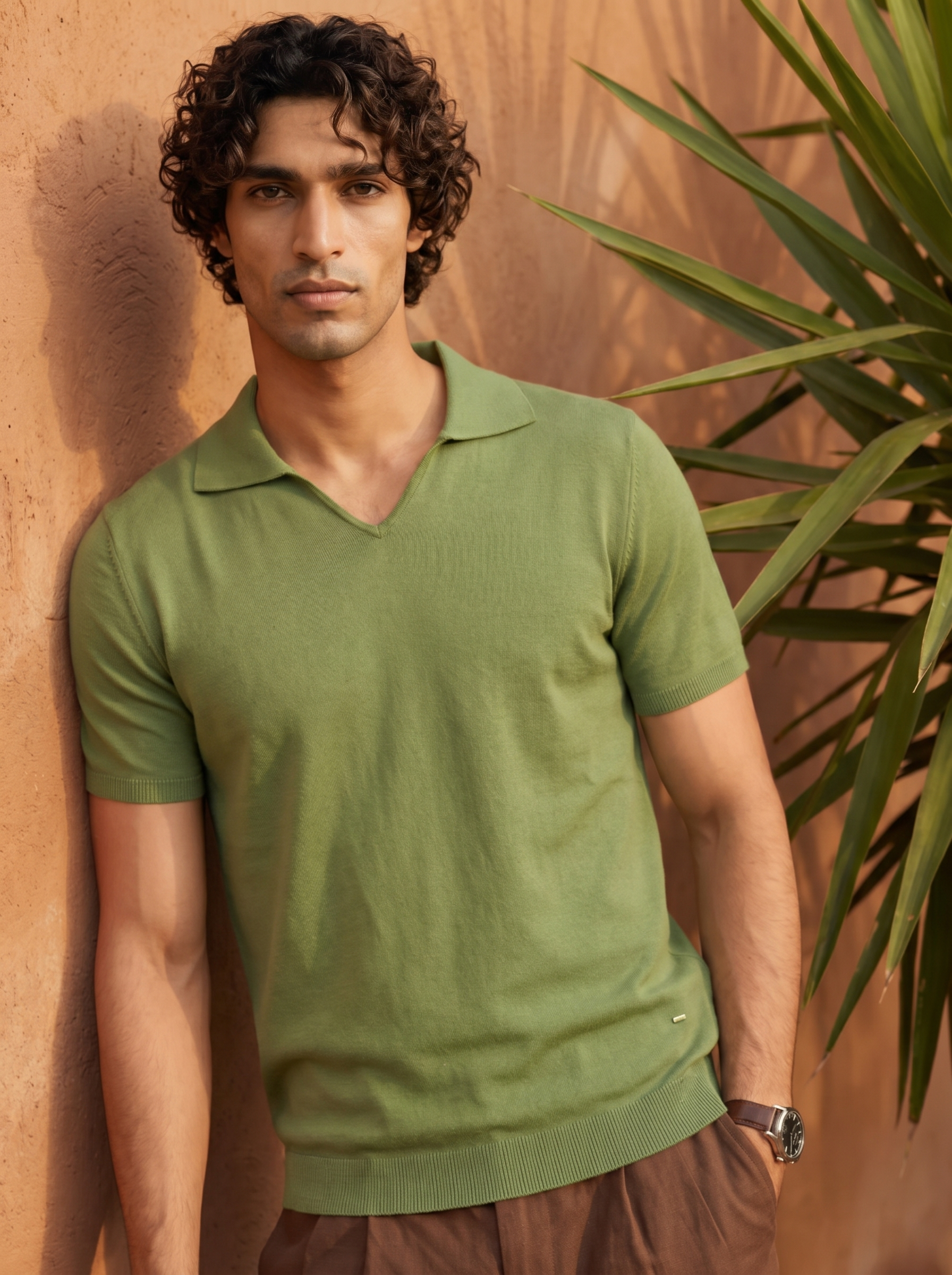 Fern Green Cotton-Bamboo U-Neck Polo