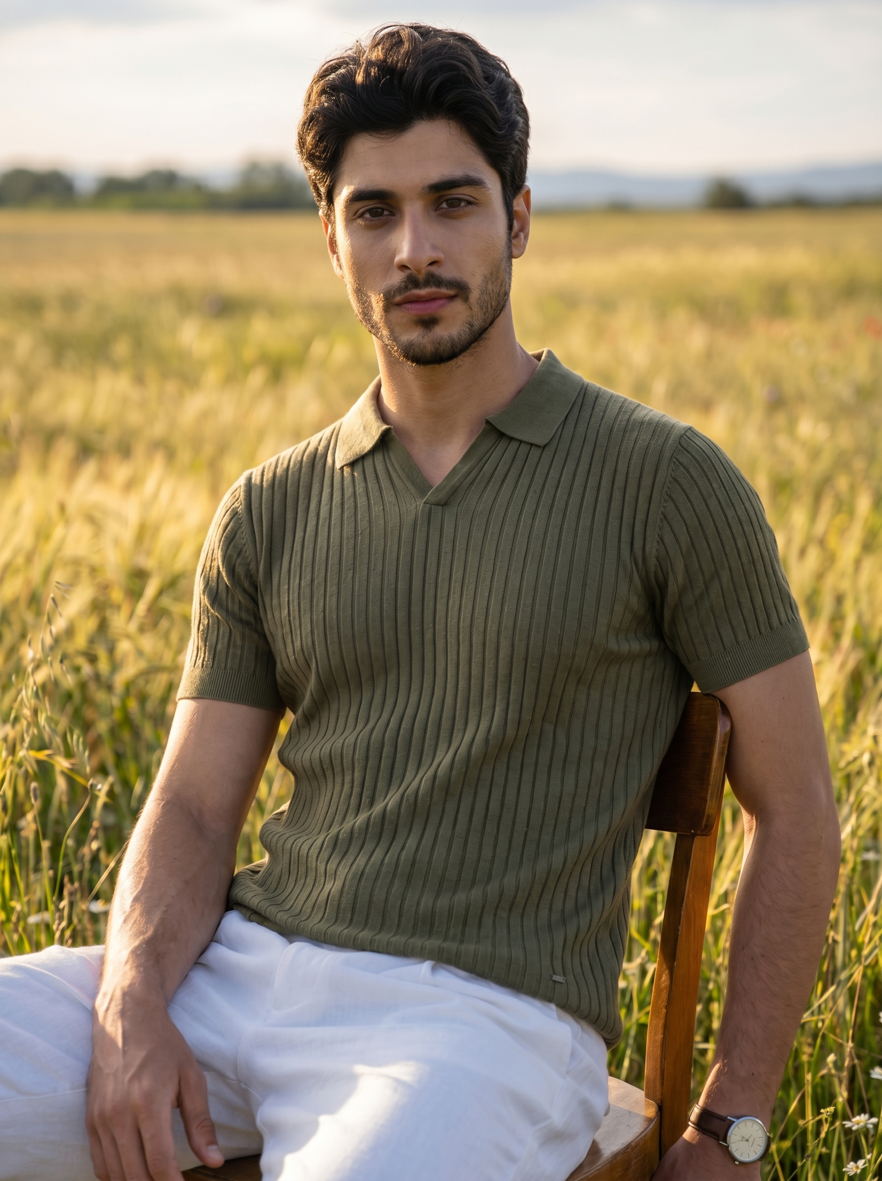 Olive Green Cotton Bamboo V-Neck Polo