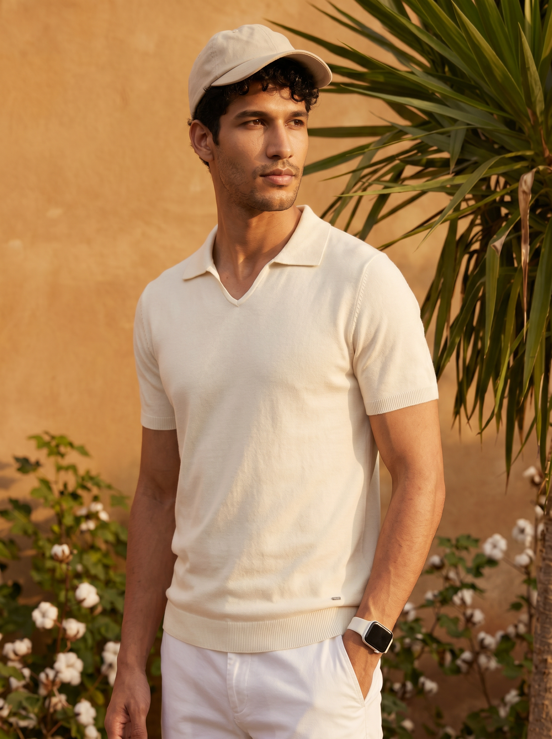 Soft White Cotton-Bamboo U-Neck Polo