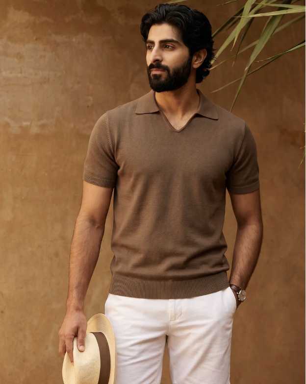 Cocoa Brown Cotton-Bamboo U-Neck Polo