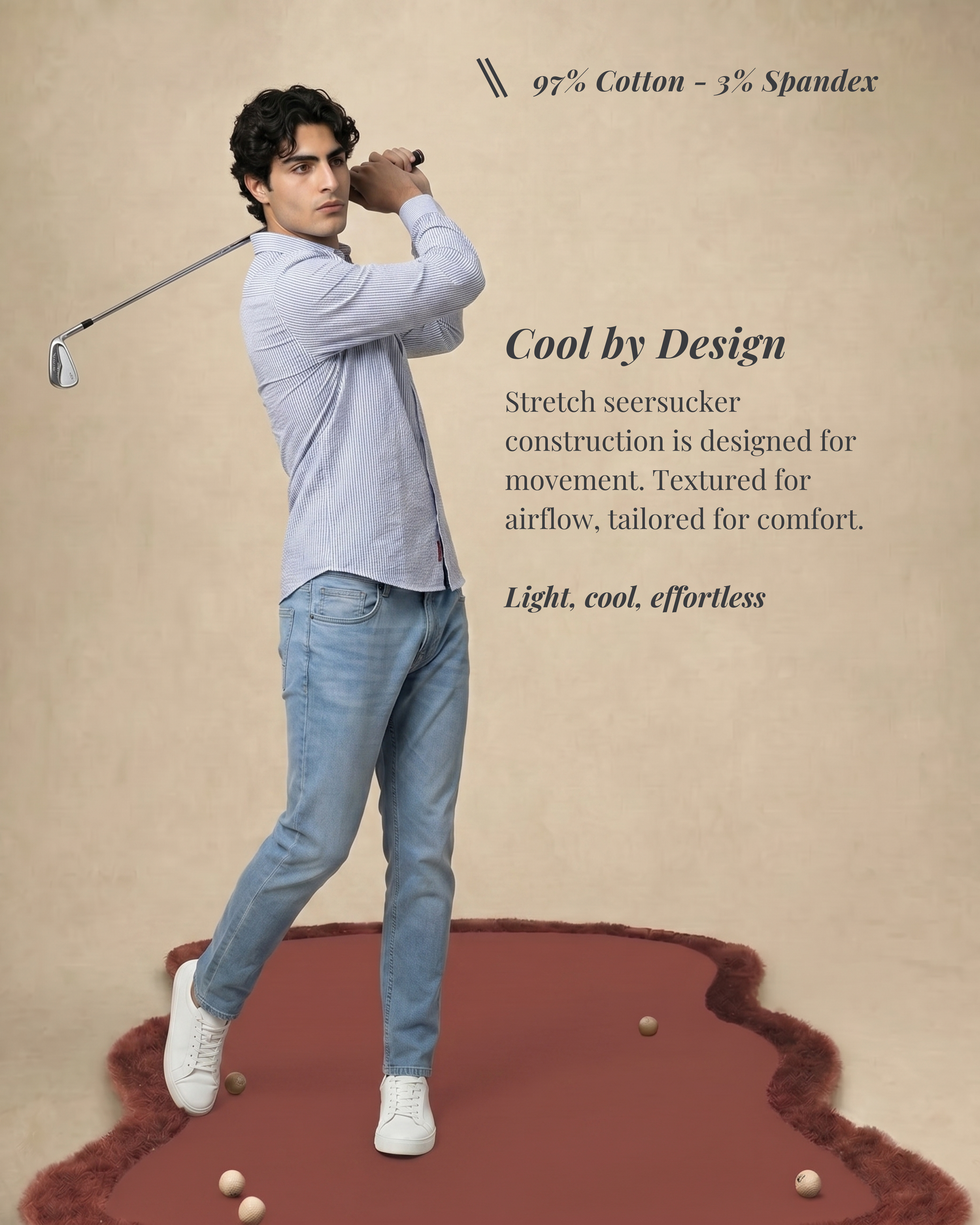 Soft White Seersucker Stretch Shirt - Blue Stripe
