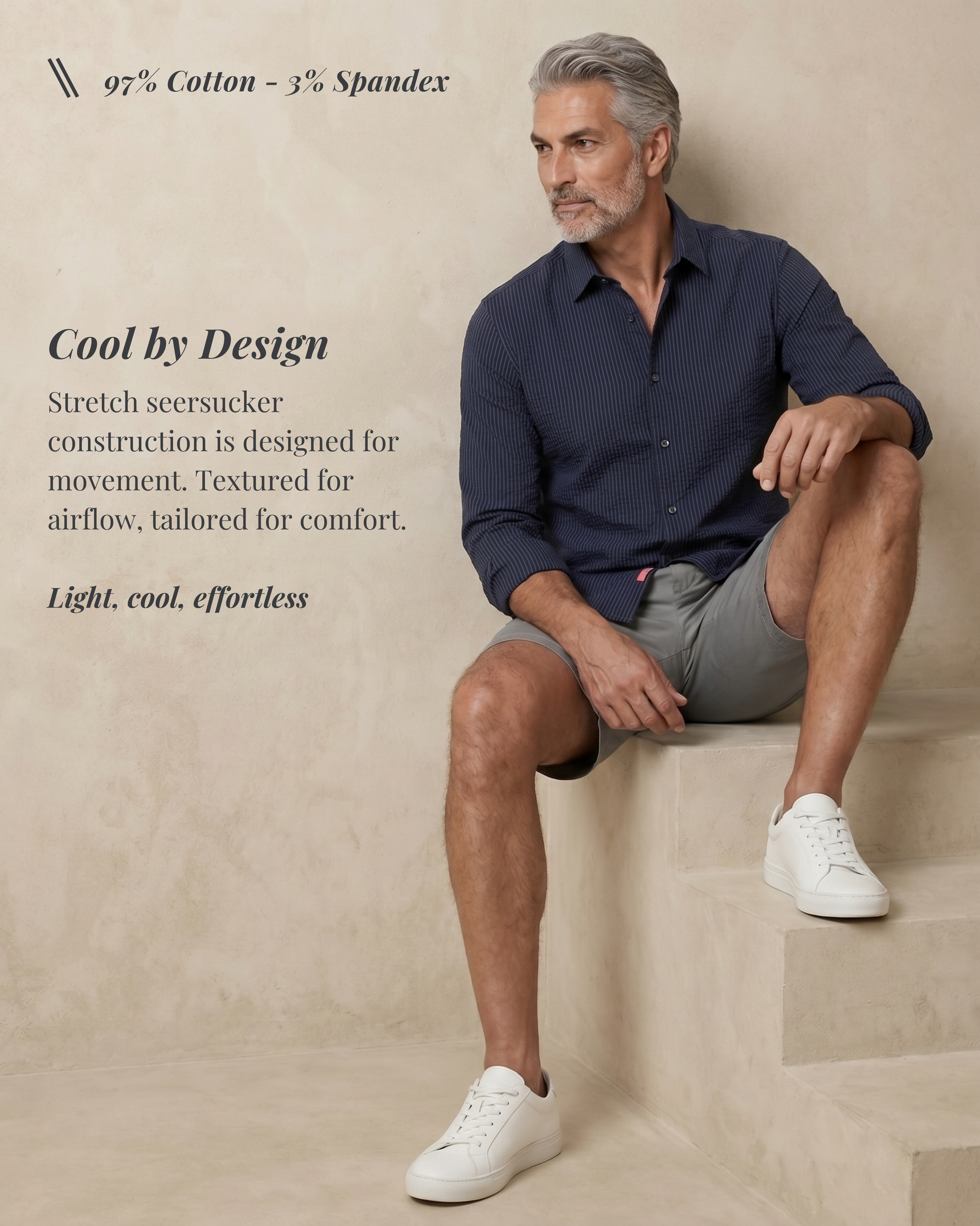 Indigo Navy Seersucker Stretch Shirt - Black Stripe