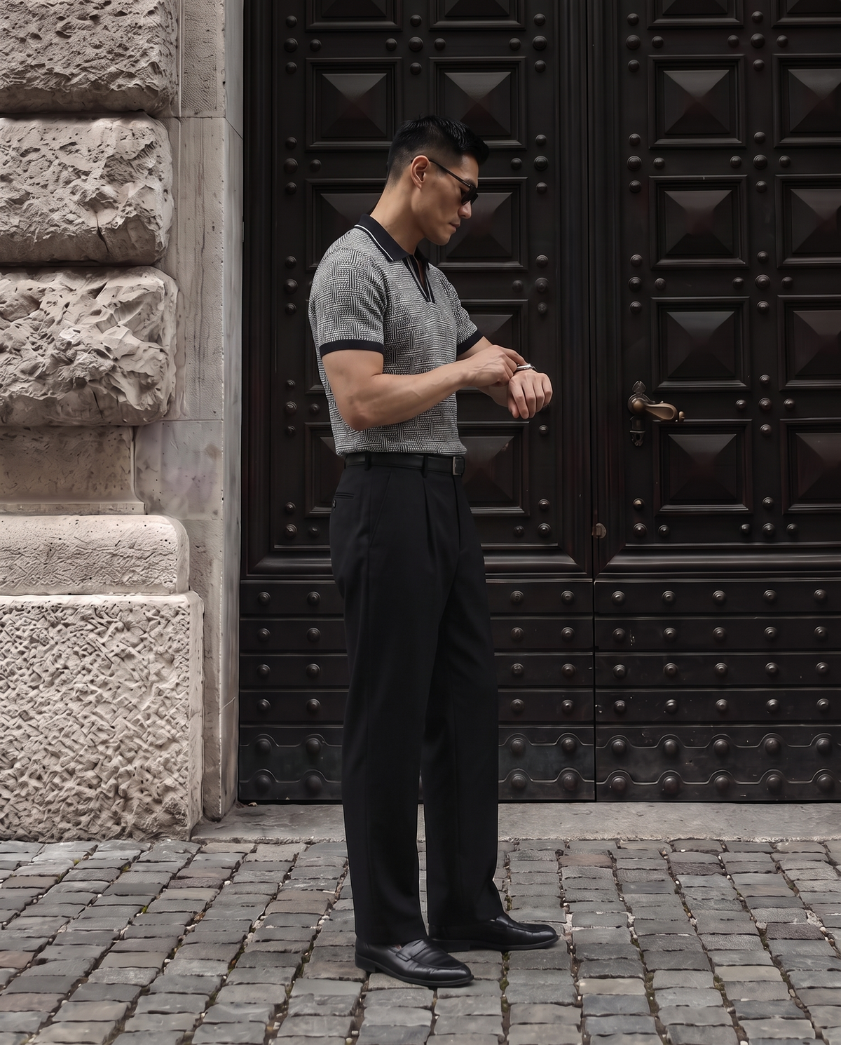 Ink Black Maze Grid V-Polo