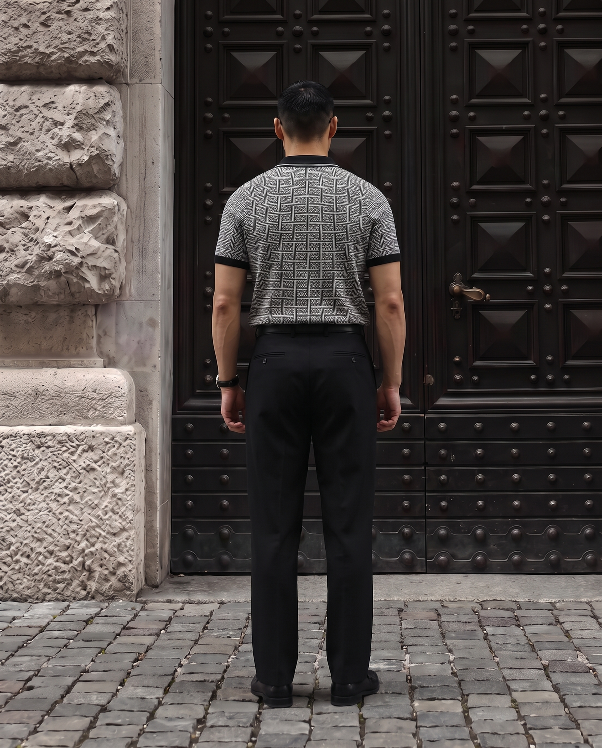 Ink Black Maze Grid V-Polo