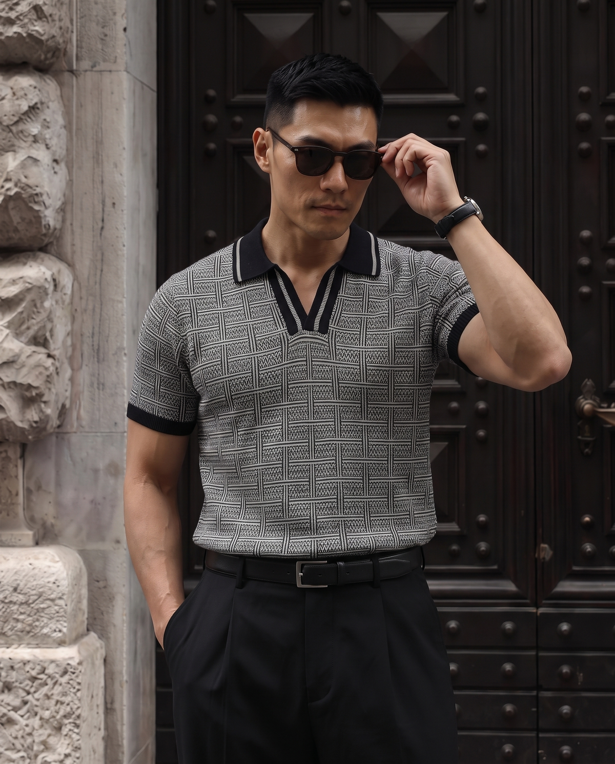 Ink Black Maze Grid V-Polo