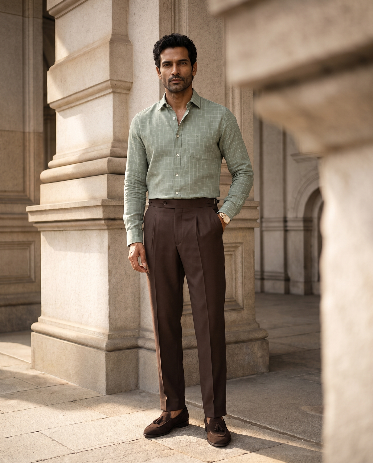 Sage Green Fine Grid 100% Linen Shirt