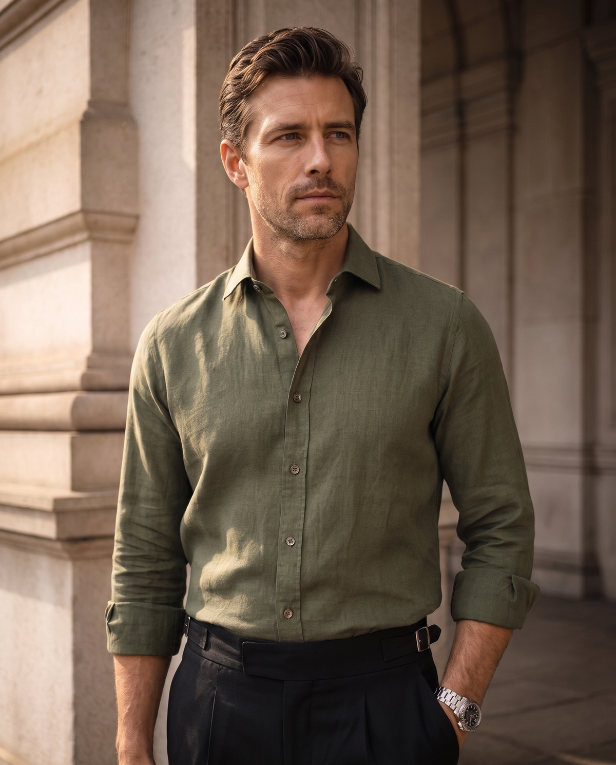 Olive Green Cosmo Linen Blend Shirt