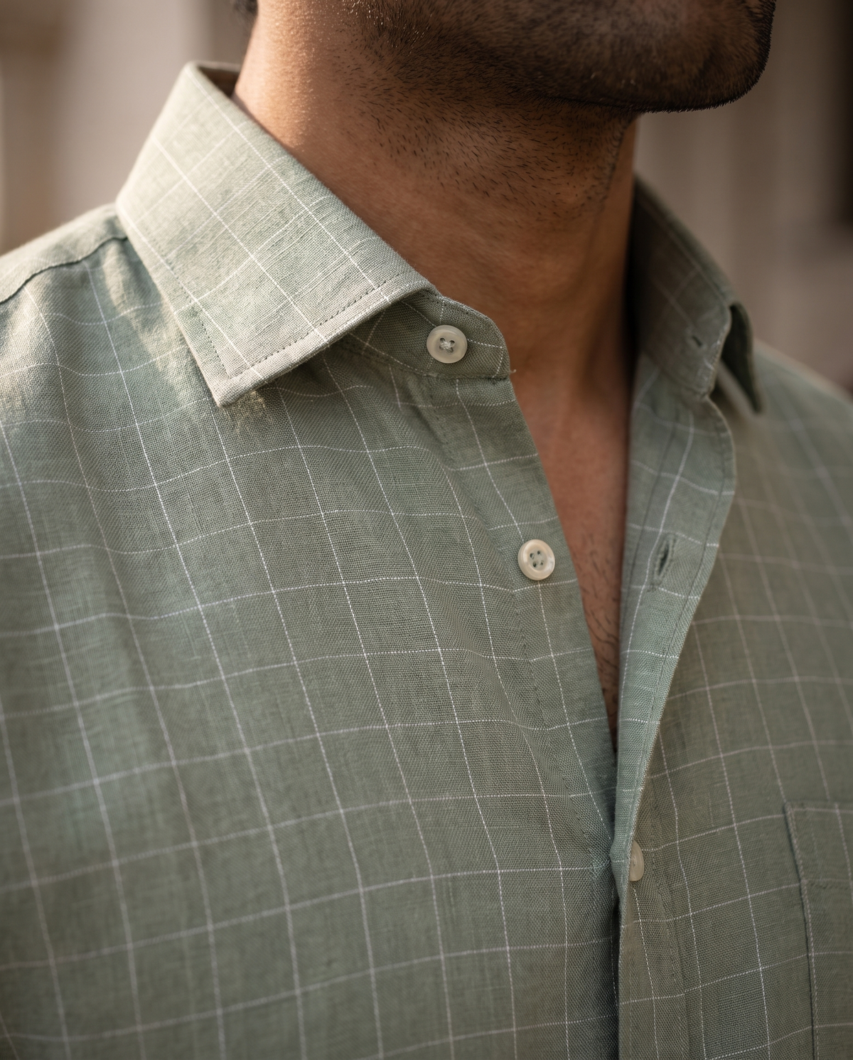 Sage Green Fine Grid 100% Linen Shirt