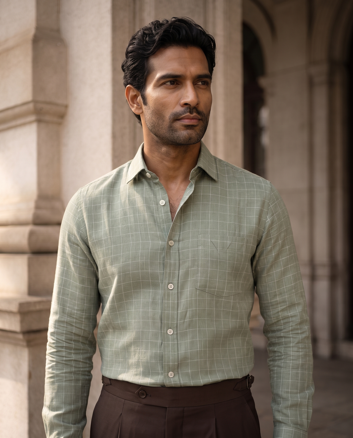 Sage Green Fine Grid 100% Linen Shirt