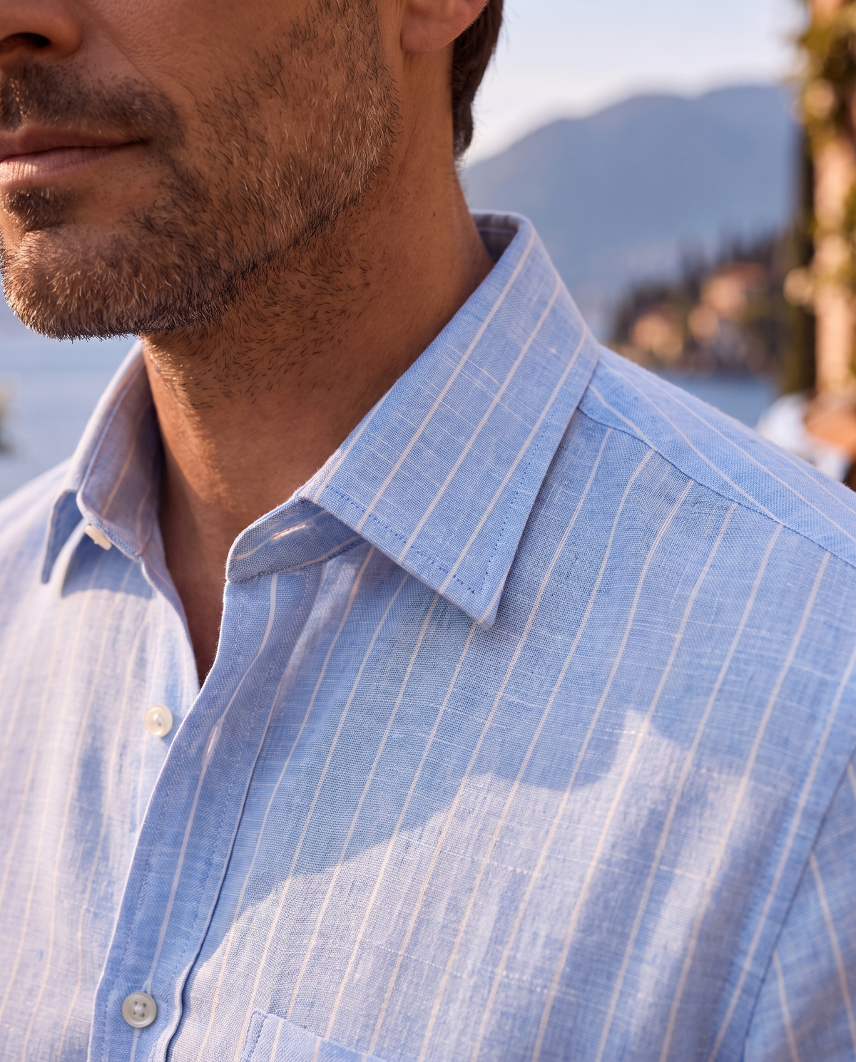 Powder Blue 100% Linen Amalfi Stripe Shirt