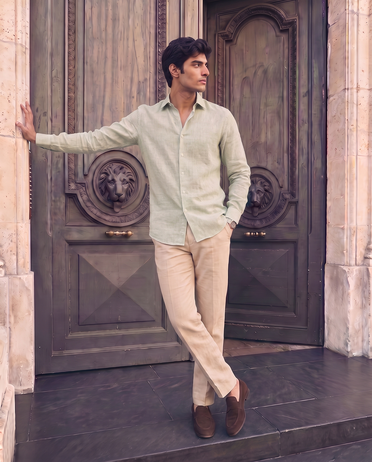 Sage Green Linen Blend Pinstripe Shirt
