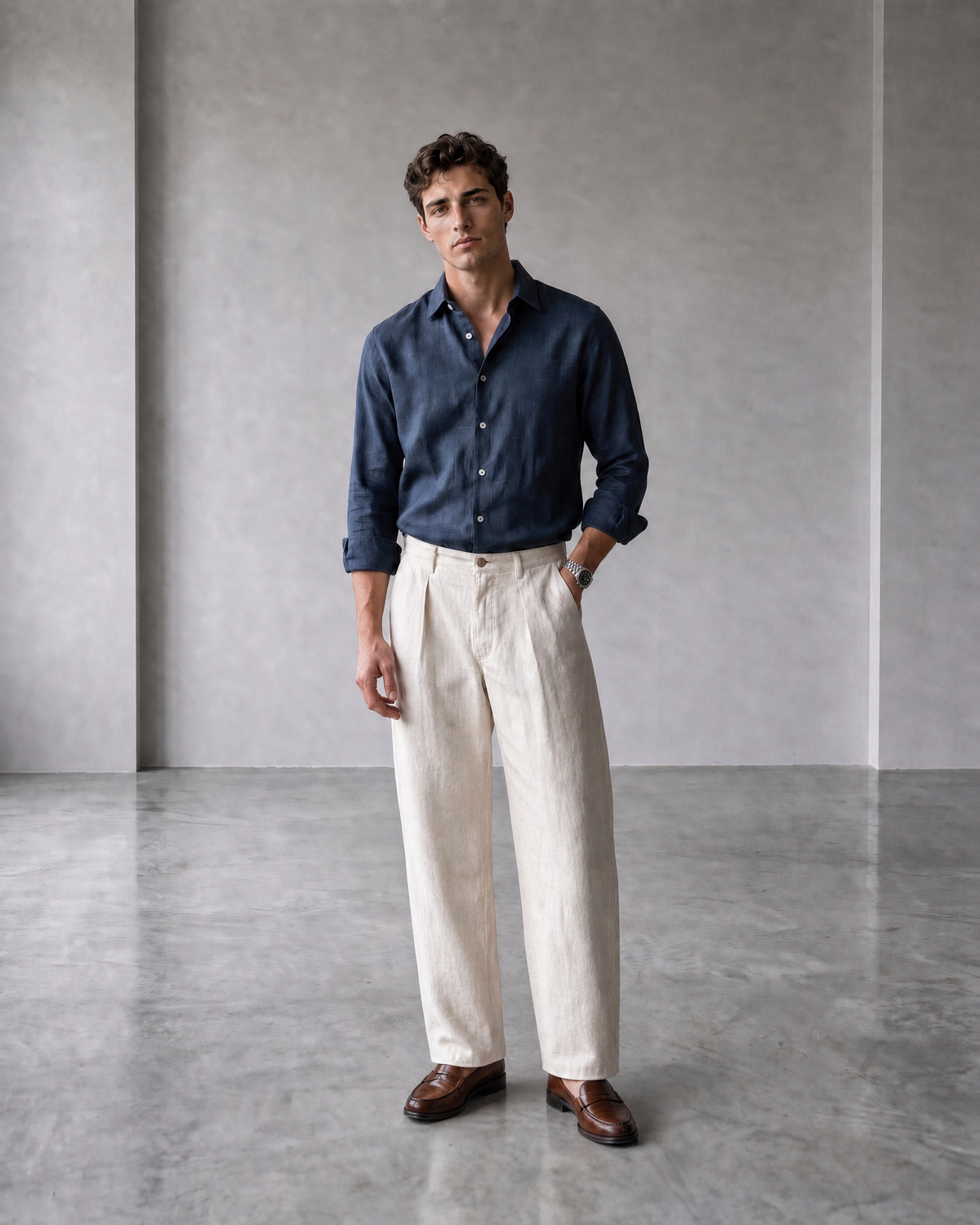Indigo Navy Rustic Grid 100% Linen Shirt
