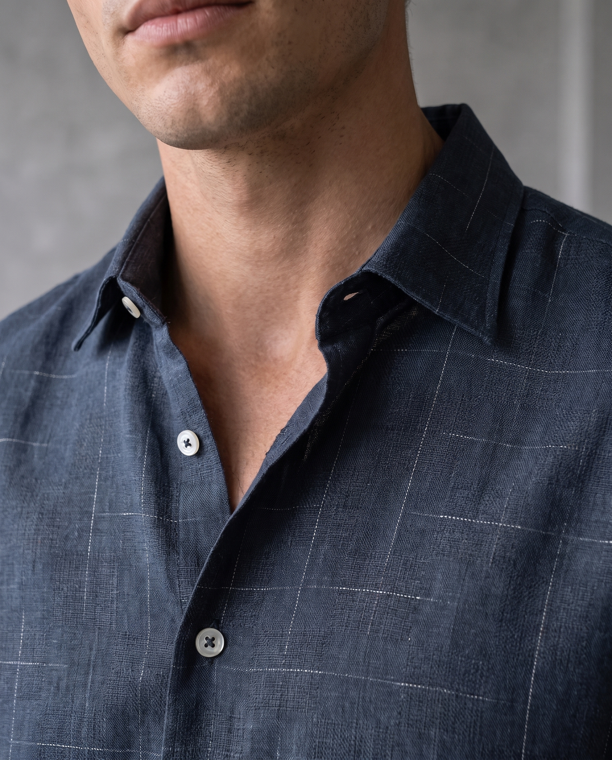 Indigo Navy Rustic Grid 100% Linen Shirt