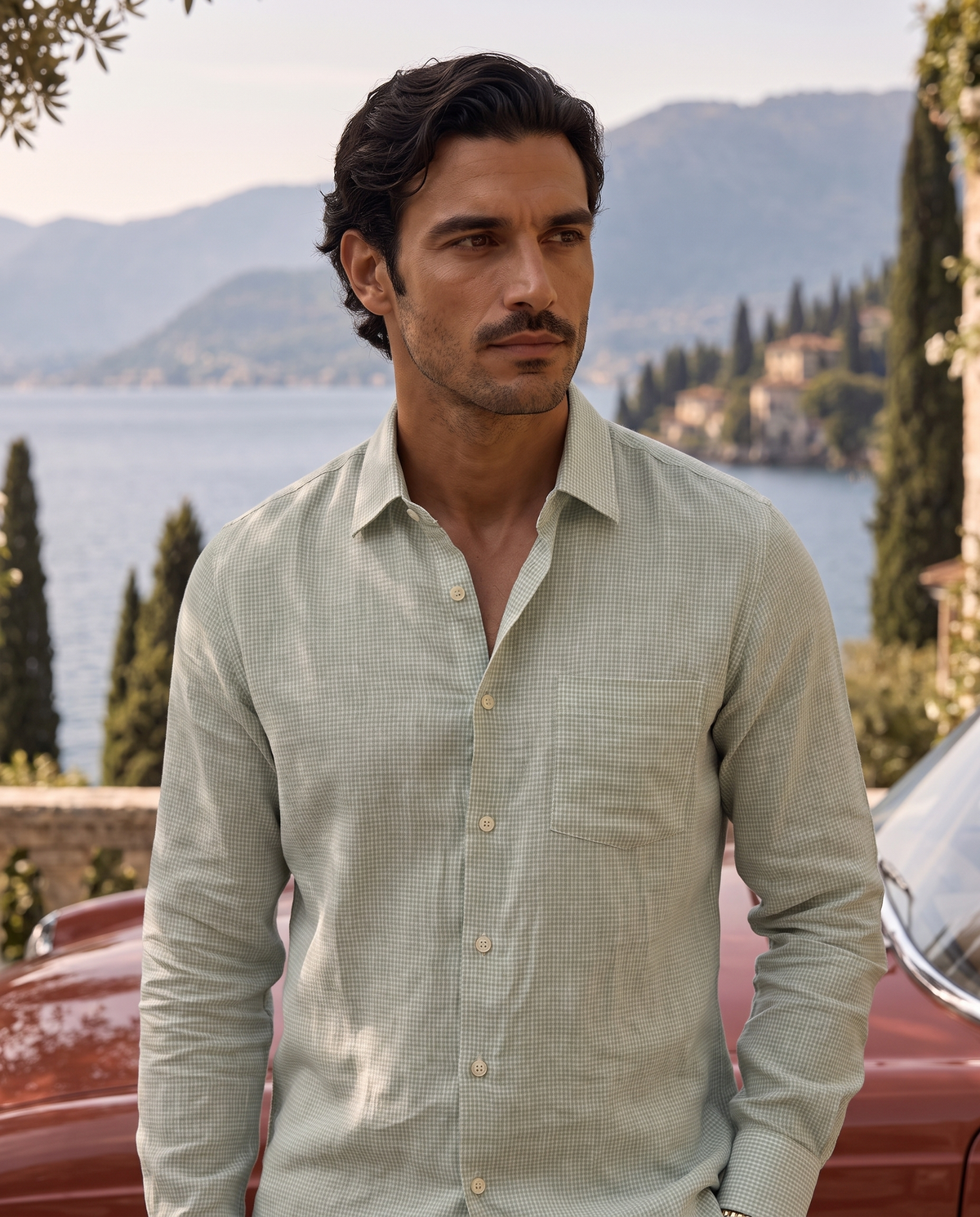 Sage Green Microcheck 100% Linen Shirt