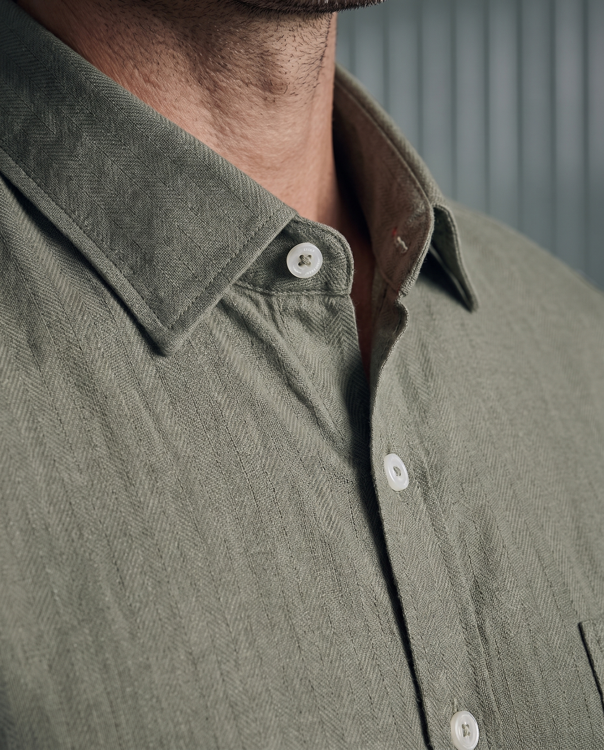 Moss Green Herringbone Linen Blend Shirt