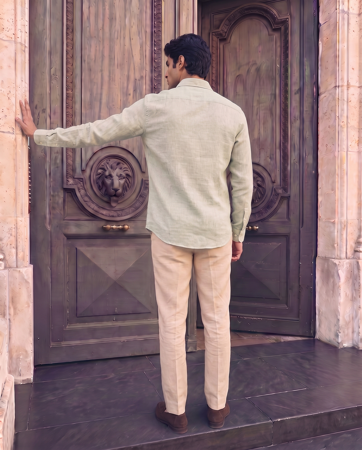 Sage Green Linen Blend Pinstripe Shirt