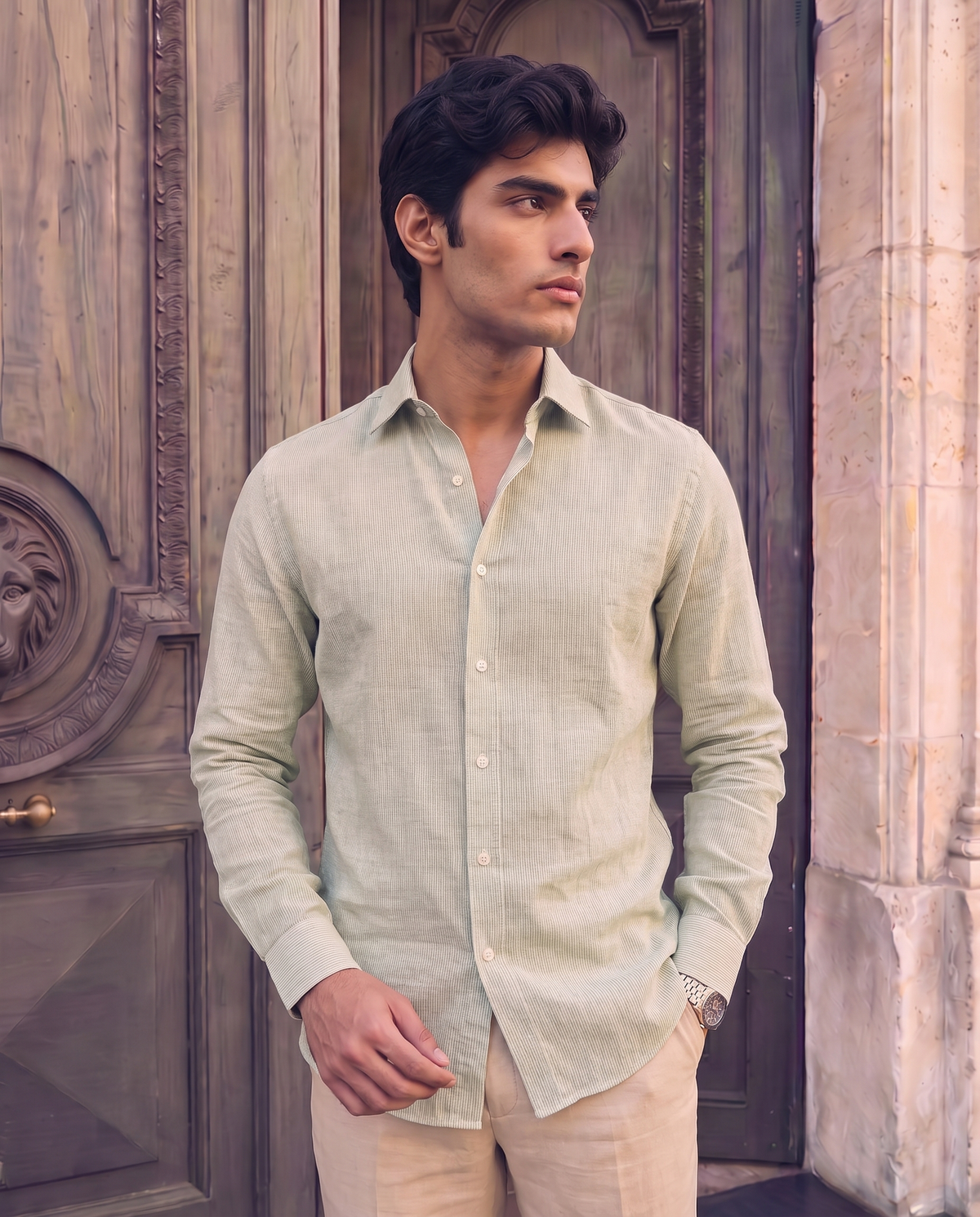 Sage Green Linen Blend Pinstripe Shirt