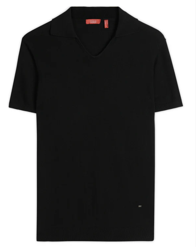 Ink Black Cotton-Bamboo U-Neck Polo